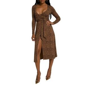 GOOD AMERICAN Midi Wrap Dress Caramel Leopard